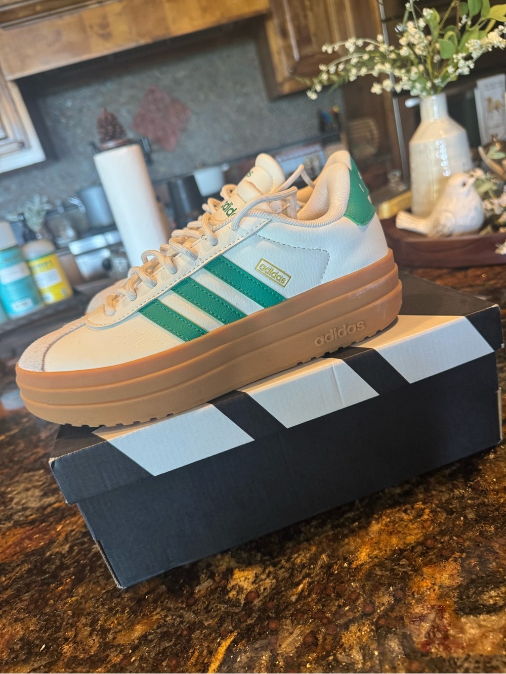 Adidas Women's VL Court White Sneakers with Green Stripes & Gum Platform - Picture 3 of 5